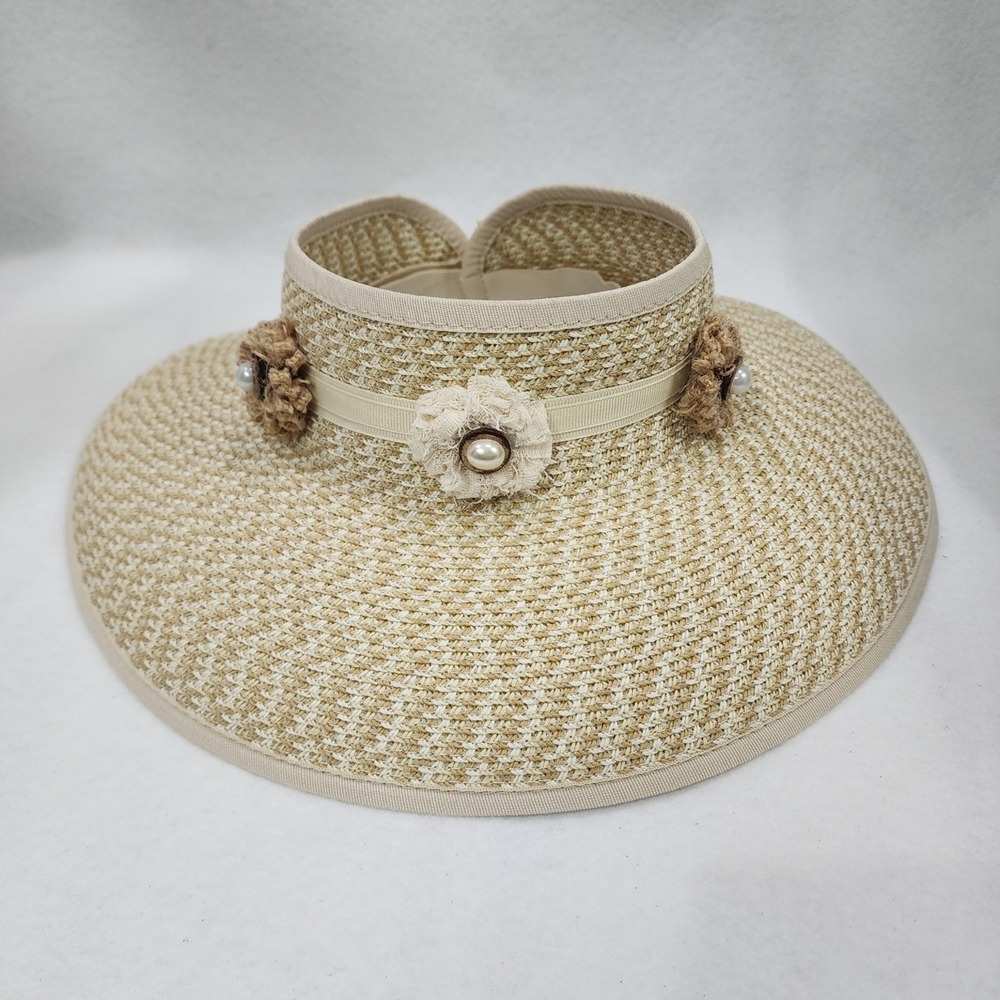 Laura Wells Collection Women Beige Wide Brim Braided Straw Roll Up Sun Visor Hat
